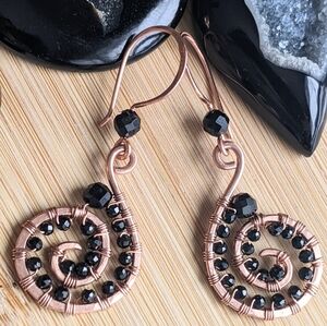 Black Spinel Spiral Earrings Natural Faceted Gems Artisan Crafted Copper Design